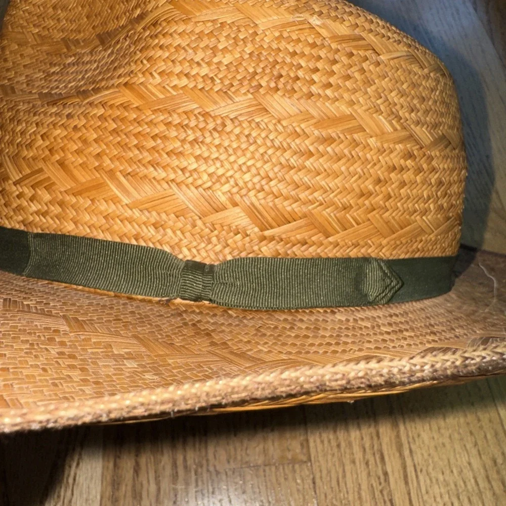 VTG  WW Straw Fedora Hat Brown Woven Wide Brim Grosgrain Green Band Columbia M
